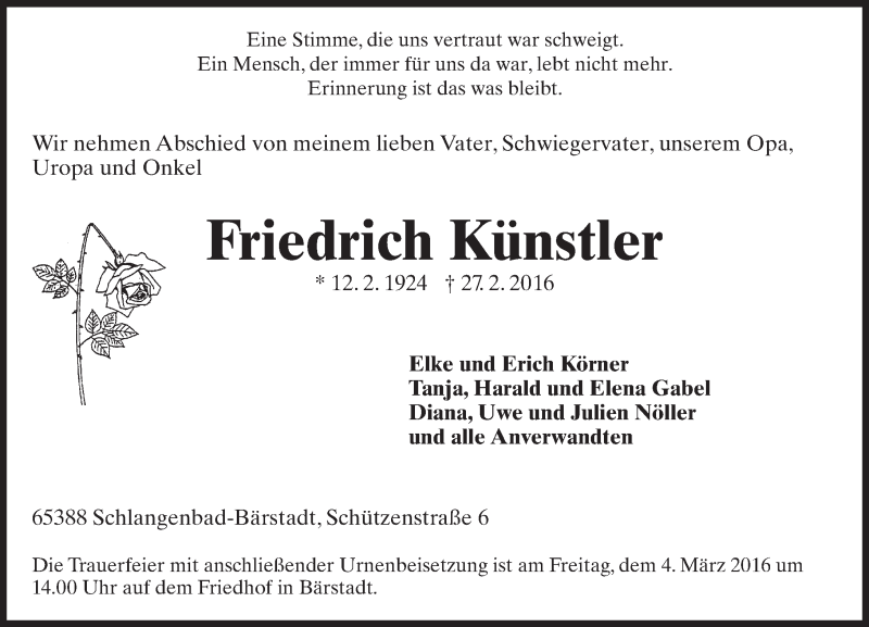  Traueranzeige für Friedrich Künstler vom 02.03.2016 aus  WK-UTA/Aar-Bote