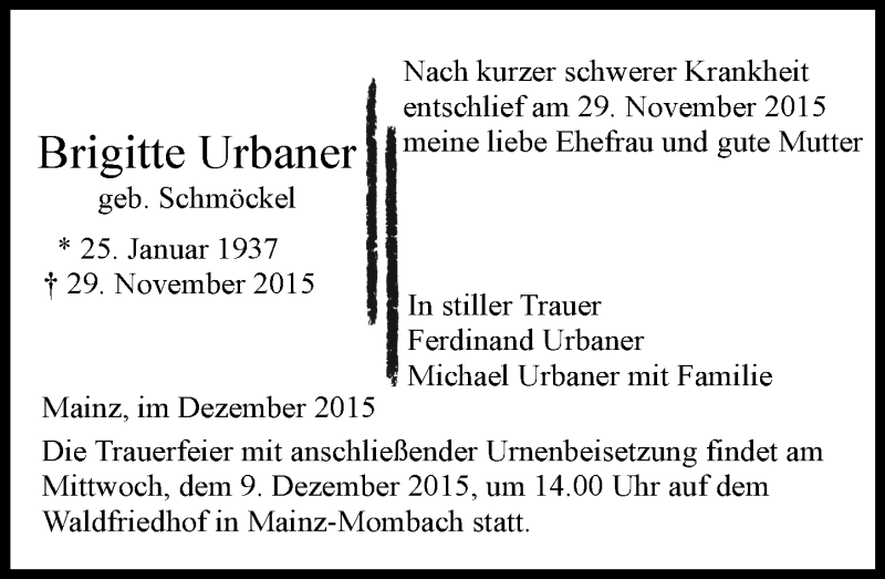  Traueranzeige für Brigitte Urbaner vom 05.12.2015 aus  Allgemeine Zeitung Mainz