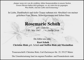 Traueranzeige von Rosemarie Schuh von  Allgemeine Zeitung Mainz