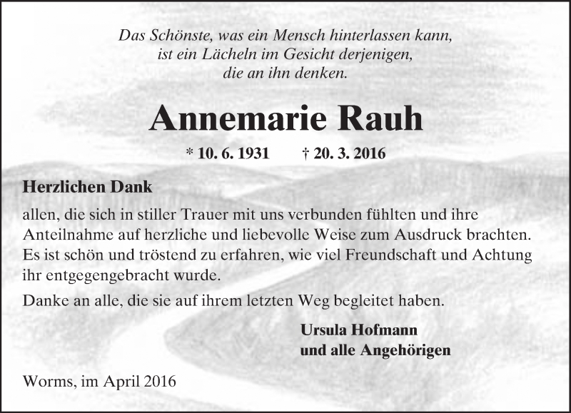  Traueranzeige für Annemarie Rauh vom 13.04.2016 aus  Wormser Zeitung