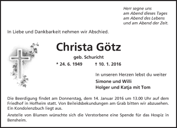 Traueranzeige von Christa Götz von  Wormser Zeitung