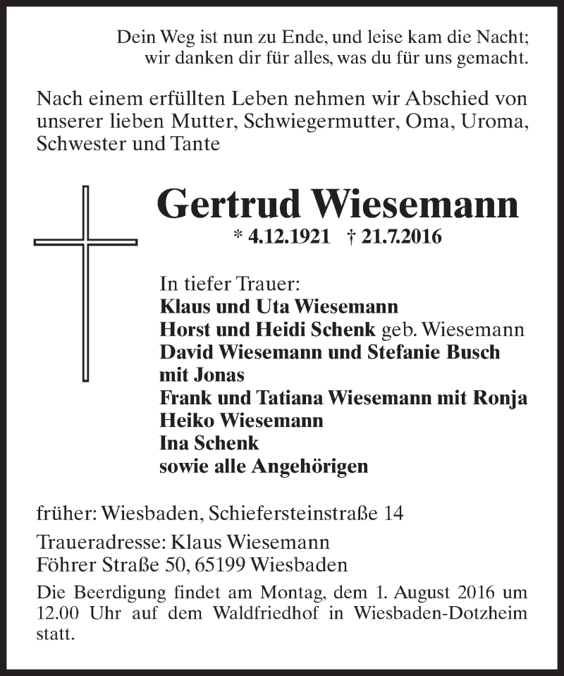  Traueranzeige für Gertrud Wiesemann vom 27.07.2016 aus Trauerportal Rhein Main Presse
