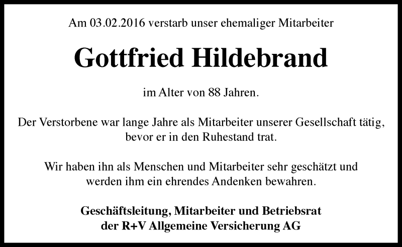  Traueranzeige für Gottfried Hildebrand vom 13.02.2016 aus trauer.rmp.de