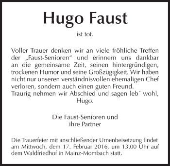 Traueranzeige von Hugo Faust von  Allgemeine Zeitung Mainz