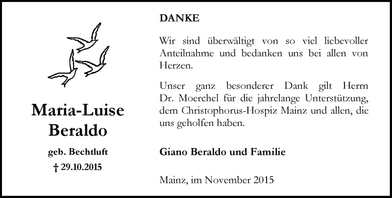  Traueranzeige für Maria-Luise Beraldo vom 21.11.2015 aus  Allgemeine Zeitung Mainz