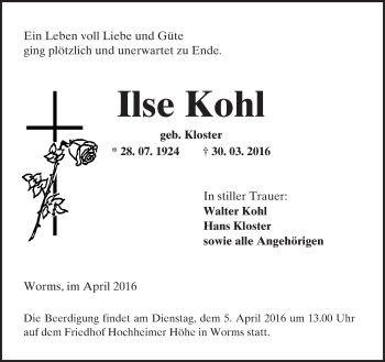 Traueranzeige von Ilse Kohl von  Wormser Zeitung