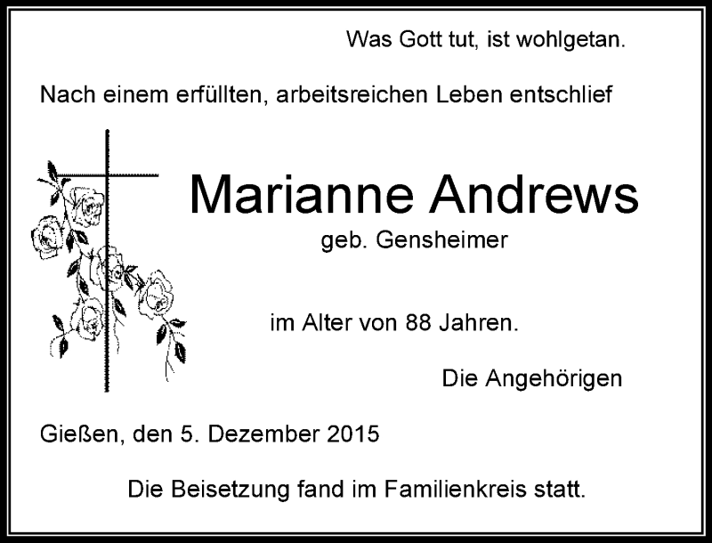  Traueranzeige für Marianne Andrews vom 05.12.2015 aus  Gießener Anzeiger