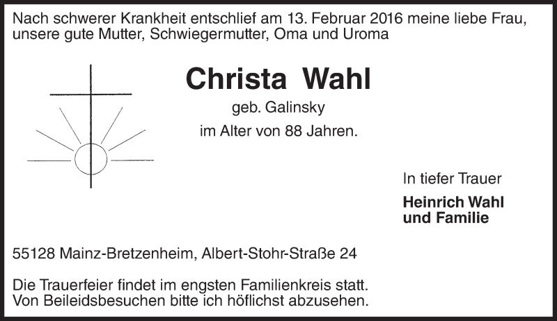  Traueranzeige für Christa Wahl vom 20.02.2016 aus  Allgemeine Zeitung Mainz