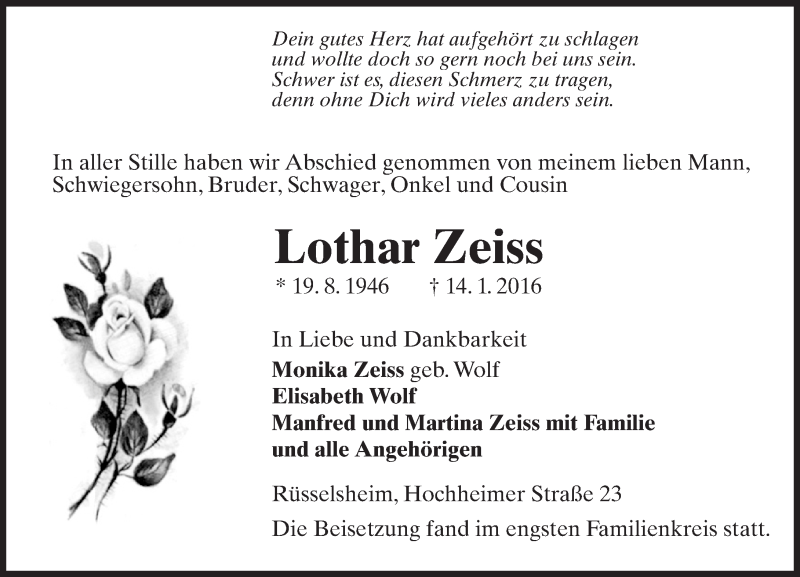  Traueranzeige für Lothar Zeiss vom 30.01.2016 aus  Mainspitze