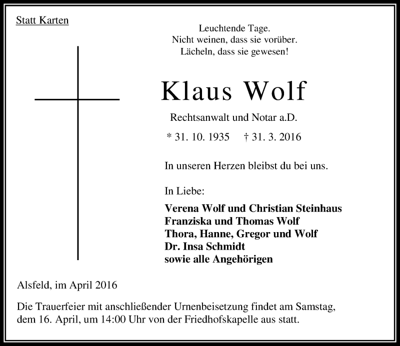  Traueranzeige für Klaus Wolf vom 09.04.2016 aus VRM Trauer