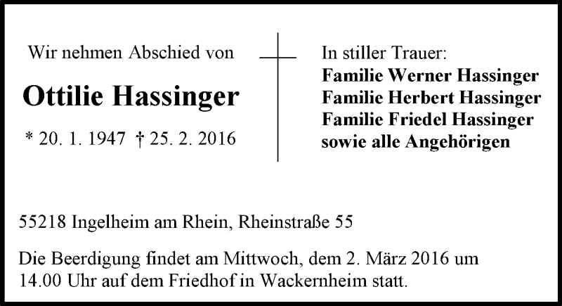  Traueranzeige für Ottilie Hassinger vom 27.02.2016 aus  Allgemeine  Zeitung Ingelheim-Bingen