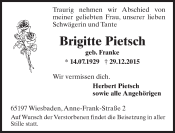 Traueranzeige von Brigitte Pietsch von  Wiesbaden komplett