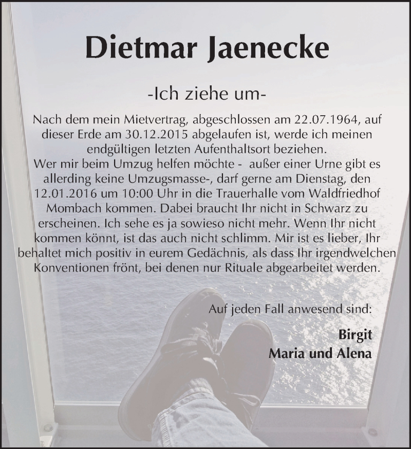  Traueranzeige für Dietmar Jaenecke vom 02.01.2016 aus  Allgemeine Zeitung Mainz