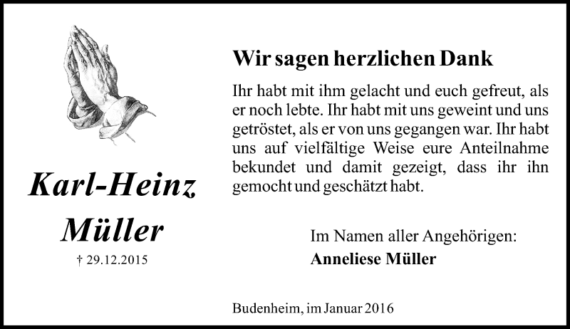  Traueranzeige für Karl-Heinz Müller vom 23.01.2016 aus  Allgemeine Zeitung Mainz