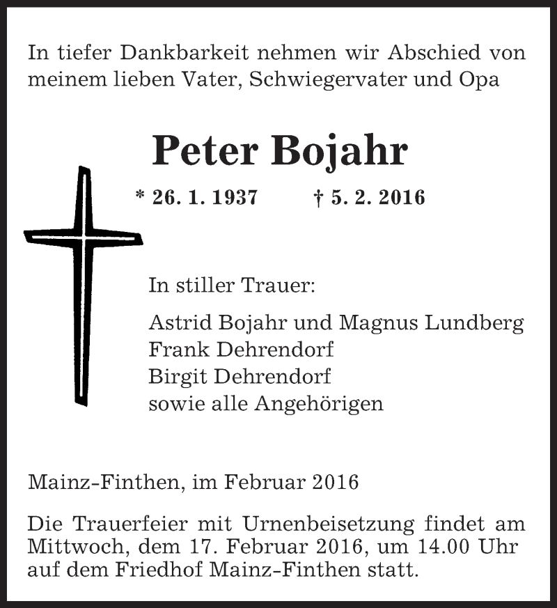  Traueranzeige für Peter Bojahr vom 13.02.2016 aus  Allgemeine Zeitung Mainz