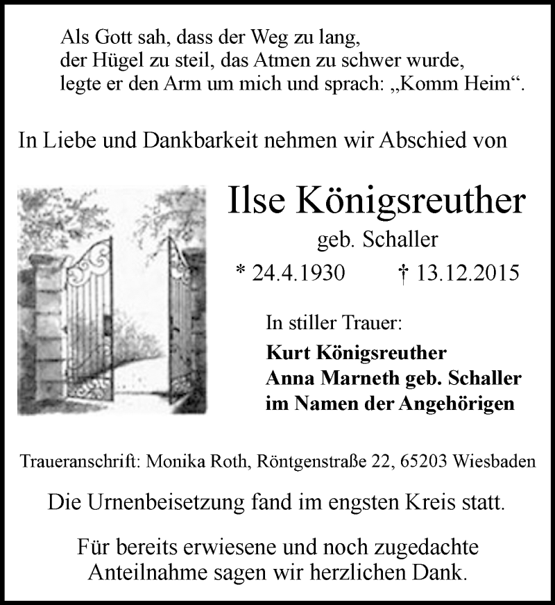  Traueranzeige für Ilse Königsreuther vom 24.12.2015 aus  Wiesbaden komplett