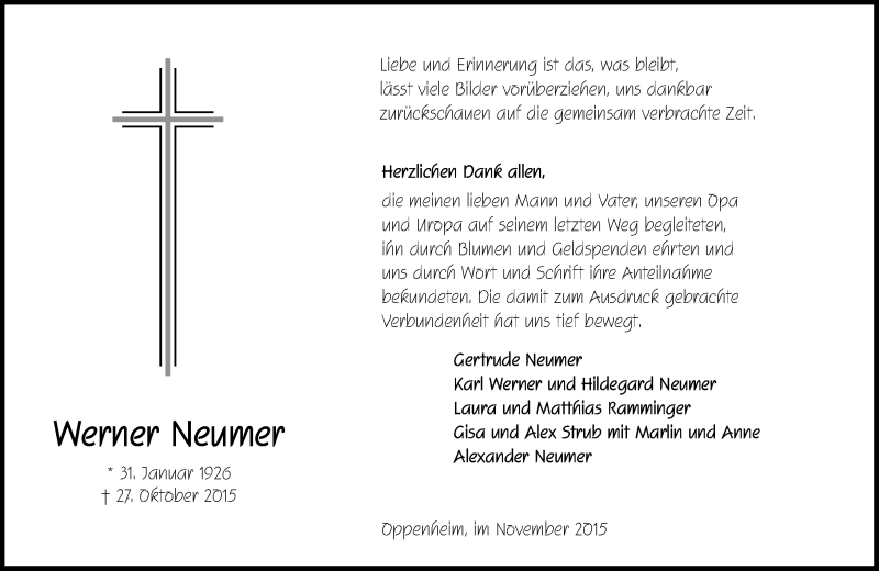  Traueranzeige für Werner Neumer vom 14.11.2015 aus  Allgemeine Zeitung Alzey