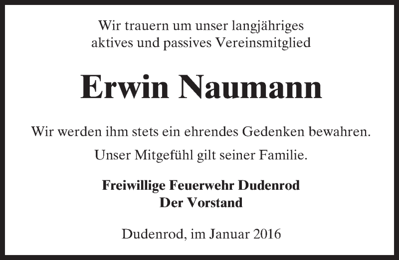  Traueranzeige für Erwin Naumann vom 14.01.2016 aus  Kreisanzeiger
