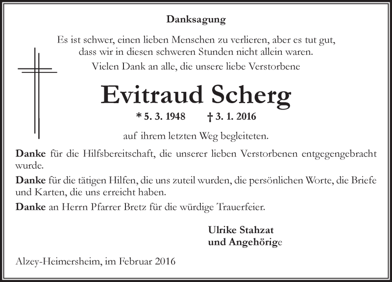  Traueranzeige für Evitraud Scherg vom 02.02.2016 aus  Allgemeine Zeitung Alzey