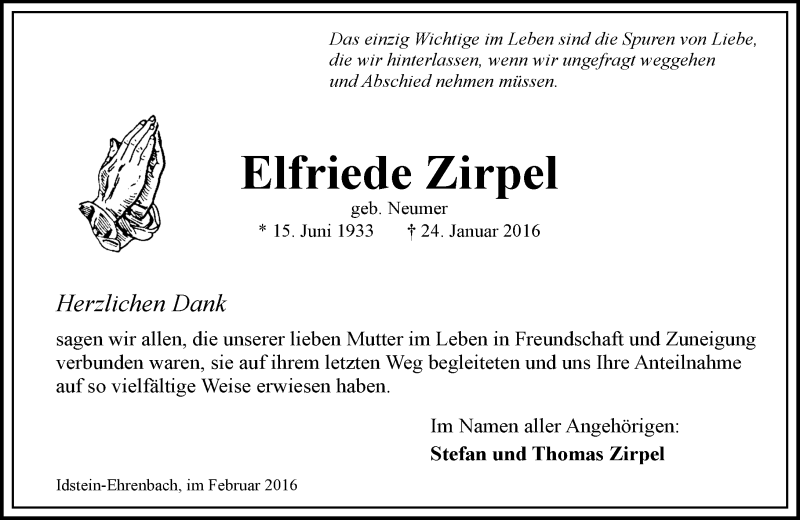  Traueranzeige für Elfriede Zirpel vom 06.02.2016 aus  Idsteiner Zeitung