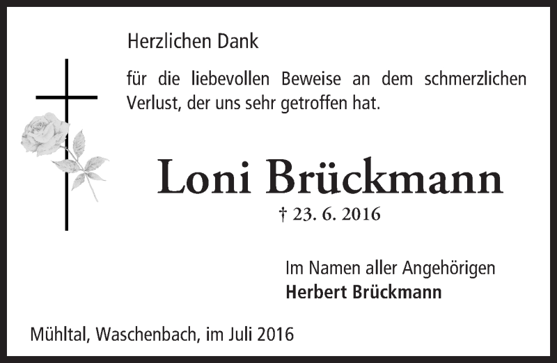  Traueranzeige für Loni Brückmann vom 23.07.2016 aus Trauerportal Echo Online