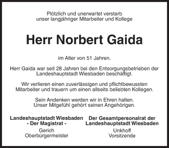 Traueranzeige von Norbert Gaida von trauer.rmp.de