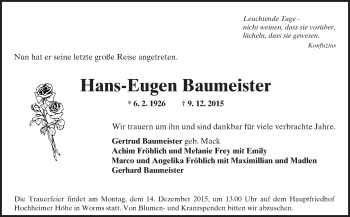 Traueranzeige von Hans-Eugen Baumeister von  Wormser Zeitung