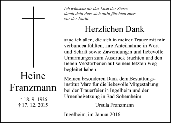 Traueranzeige von Heine Franzmann von  Allgemeine  Zeitung Ingelheim-Bingen