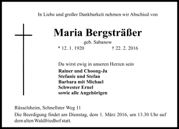 Traueranzeige von Maria Bergsträß von  Mainspitze