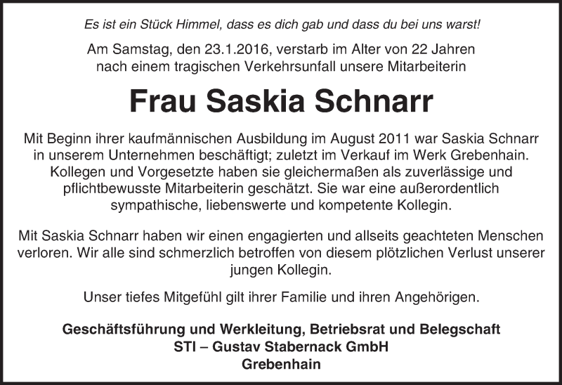  Traueranzeige für Saskia Schnarr vom 02.02.2016 aus  Kreisanzeiger