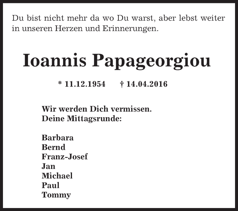  Traueranzeige für Ioannis Papageorgiou vom 21.04.2016 aus  Wiesbaden komplett