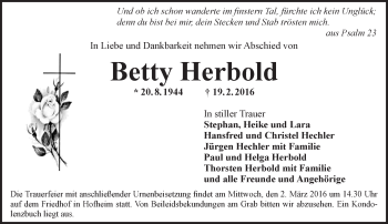 Traueranzeige von Betty Herbold von  Bürstädter Zeitung