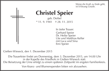 Traueranzeige von Christel Speier von  Gießener Anzeiger