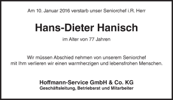 Traueranzeige von Hans-Dieter Hanisch von trauer.rmp.de
