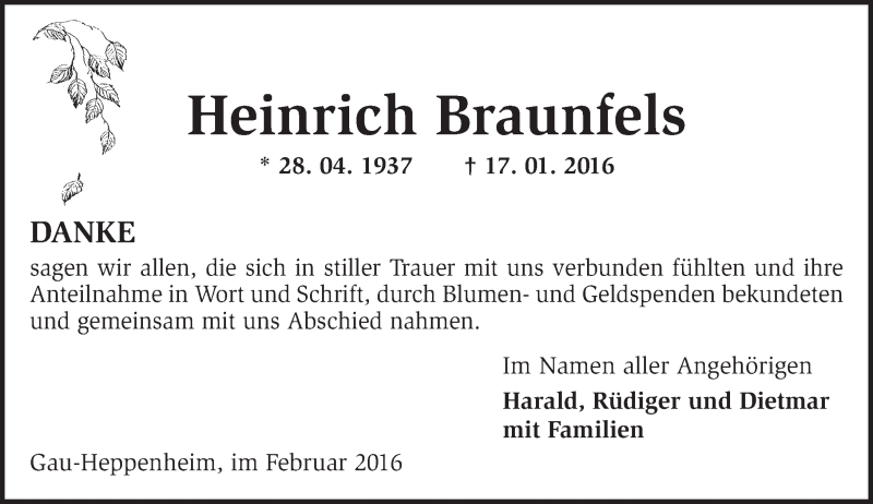  Traueranzeige für Heinrich Braunfels vom 20.02.2016 aus  Allgemeine Zeitung Alzey