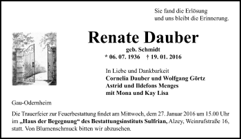 Traueranzeige von Renate Dauber von  Allgemeine Zeitung Alzey
