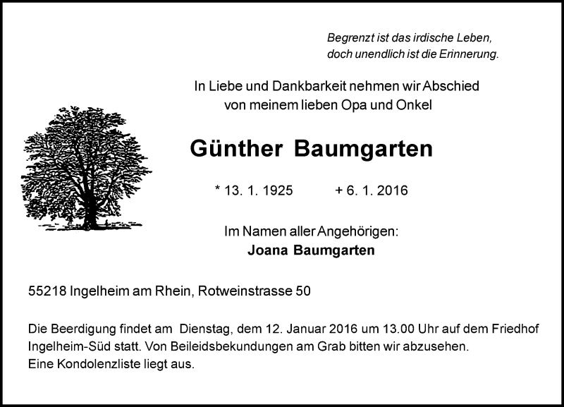  Traueranzeige für Günther Baumgarten vom 08.01.2016 aus  Allgemeine  Zeitung Ingelheim-Bingen