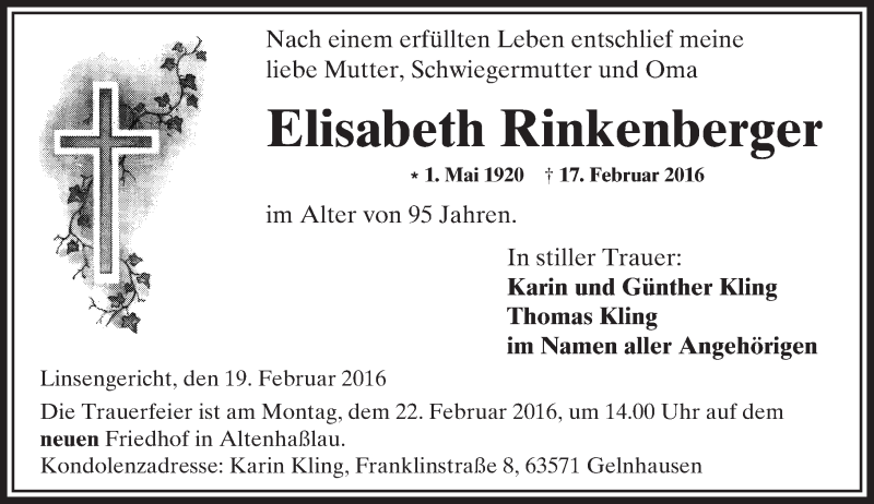  Traueranzeige für Elisabeth Rinkenberger vom 19.02.2016 aus  GT am Sonntag