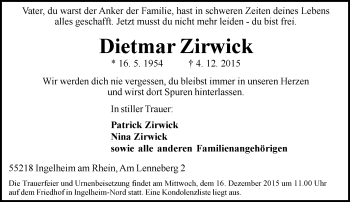 Traueranzeige von Dietmar Zirwick von  Allgemeine  Zeitung Ingelheim-Bingen