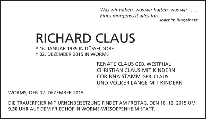  Traueranzeige für Richard Claus vom 12.12.2015 aus  Wormser Zeitung