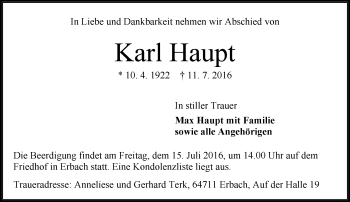 Traueranzeige von Karl Haupt von  Odenwälder Echo