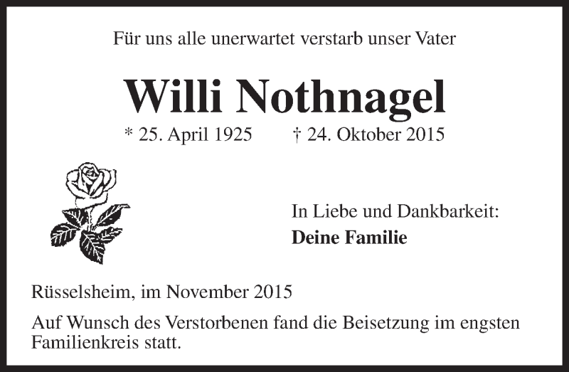  Traueranzeige für Willi Nothnagel vom 14.11.2015 aus  Mainspitze