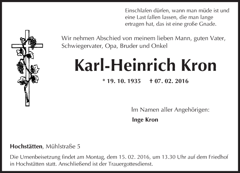  Traueranzeige für Karl-Heinrich Kron vom 13.02.2016 aus  Allg. Zeitung Bad Kreuznach