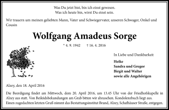 Traueranzeige von Wolfgang Amadeus Sorge von  Allgemeine Zeitung Alzey