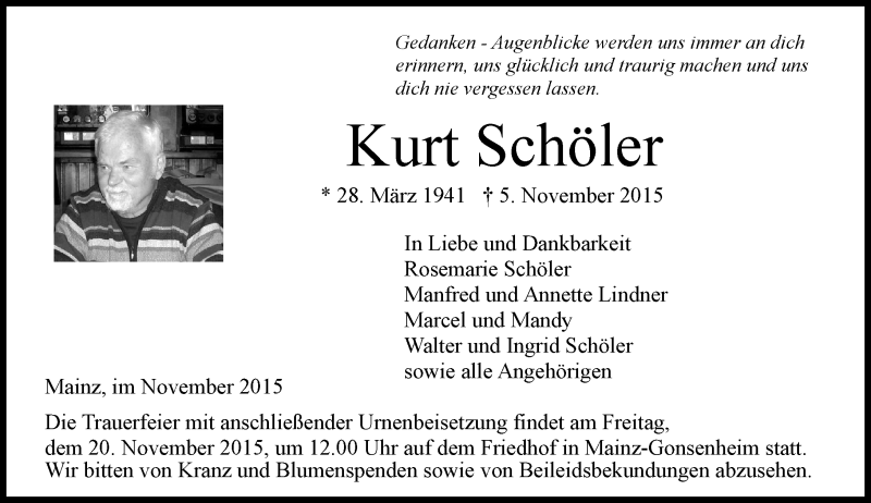  Traueranzeige für Kurt Schöler vom 14.11.2015 aus  Allgemeine Zeitung Mainz