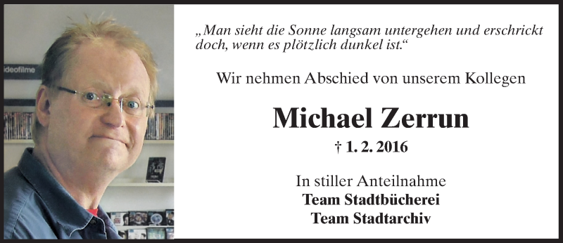  Traueranzeige für Michael Zerrun vom 05.02.2016 aus  Hofheimer Zeitung
