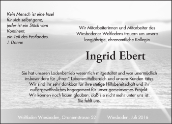 Traueranzeige von Ingrid Ebert von Trauerportal Rhein Main Presse