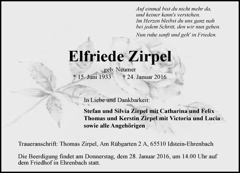  Traueranzeige für Elfriede Zirpel vom 27.01.2016 aus  Idsteiner Zeitung