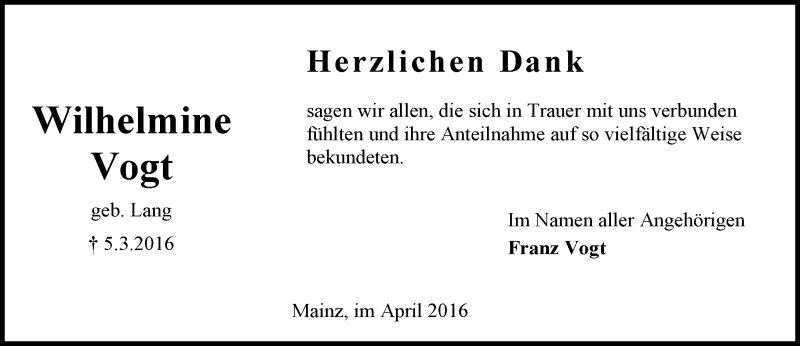  Traueranzeige für Wilhelmine Vogt vom 02.04.2016 aus  Allgemeine Zeitung Mainz
