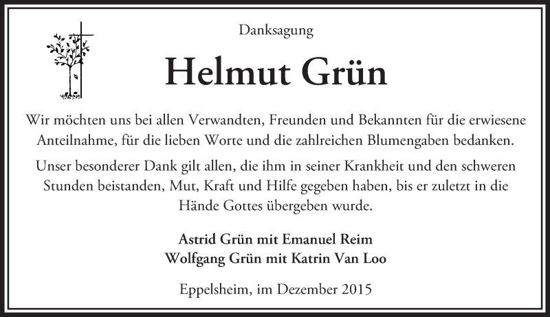  Traueranzeige für Helmut Grün vom 05.12.2015 aus  Allgemeine Zeitung Alzey
